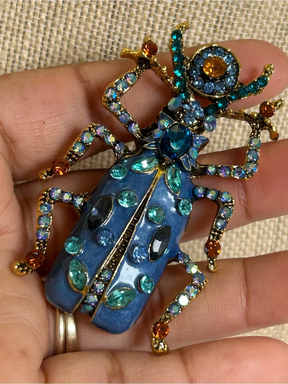 Blue Jeweled Beetle Statement Brooch